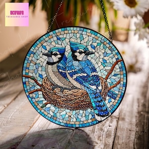 Blue Jay Nest Glass Suncatcher: Bird Lover Window Hanging