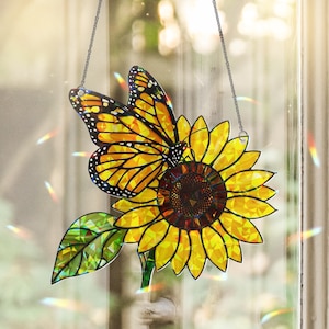 Monarch Butterfly and Sunflower Holographic Suncatcher Gift for Mom on Mother’s Day, Bright Window Decor, Nature Lover Garden Gift