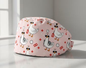 Cotton Scrub Cap: Goose Print, RN Nurse Theme, “Cuff ’Em” Design