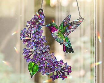 Hummingbird & Lilac Holographic Suncatcher: Acrylic Window Hanging
