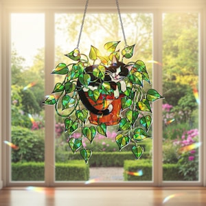 Tuxedo Cat Suncatcher: Holographic Pothos Plant Window Decor