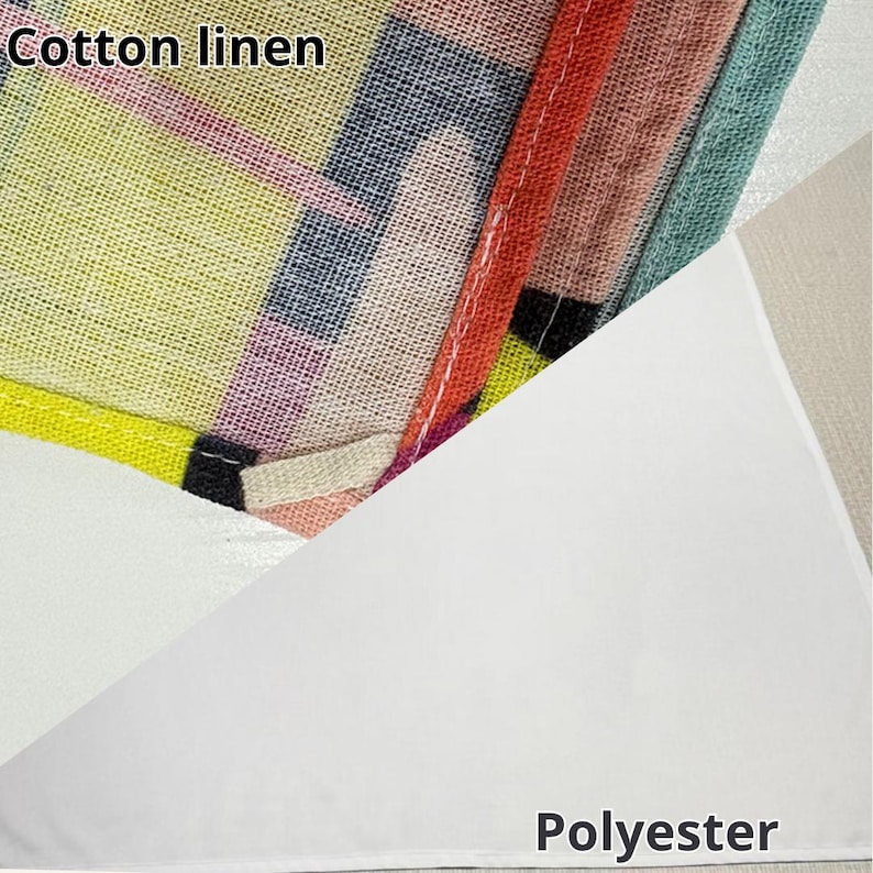 Puede incluir: Una comparaci&oacute;n textil que muestra una secci&oacute;n de tela de algod&oacute;n y lino a cuadros multicolor con textura de tejido visible y bordes cosidos, contrastada con una secci&oacute;n de tela de poli&eacute;ster blanca lisa y s&oacute;lida. Aparece el texto Cotton linen y Polyester.