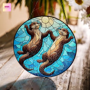 Otter Couple Glass Suncatcher: Wildlife Window Hanging