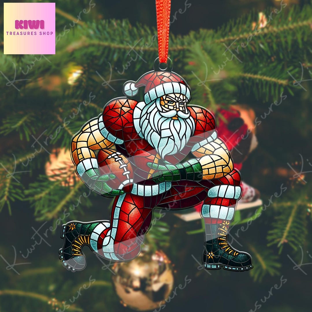 Santa Plays American Football Ornament, 2d FLAT Football Ornament
