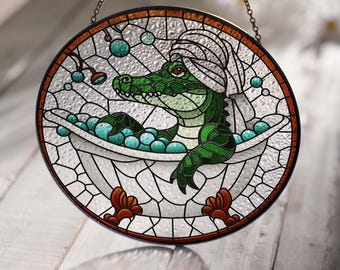 Gator in Bathtub Glass Suncatcher: Funny Alligator Bathroom Decor