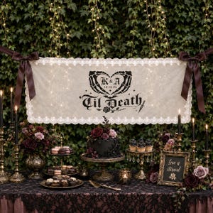 May include: A rectangular cream-colored fabric banner with a scalloped lace border and dark brown ribbon bows on each side. The center features a black graphic of skeleton hands forming a heart, the text K & A 10.31.26, and the words Til Death.