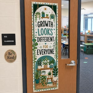 May include: A vertical rectangular door banner featuring the text Growth Looks Different For Everyone in dark green and teal lettering. The design includes illustrations of various potted houseplants on shelves, hanging planters, and a sun icon.