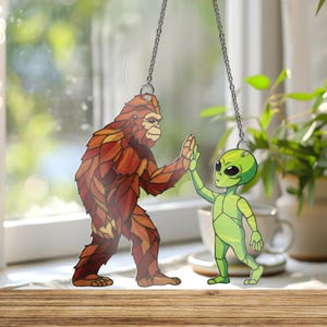 Bigfoot And Alien Highfive ACRYLIC Window Hanging, Whimsical Art Decor, Funny Sasquatch Decor, Alien Lover Gift, Unique Decor,Boyfriend Gift