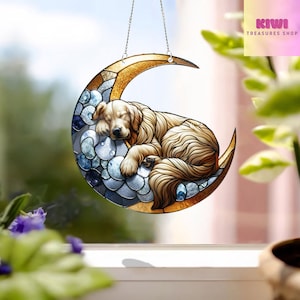 Golden retriever acrylique suspendu à une fenêtre en croissant de lune, cadeau pour amoureux des chiens, cadeau pour maman chien, décoration d'intérieur, cadeau du souvenir, cadeau perte d'un animal de compagnie