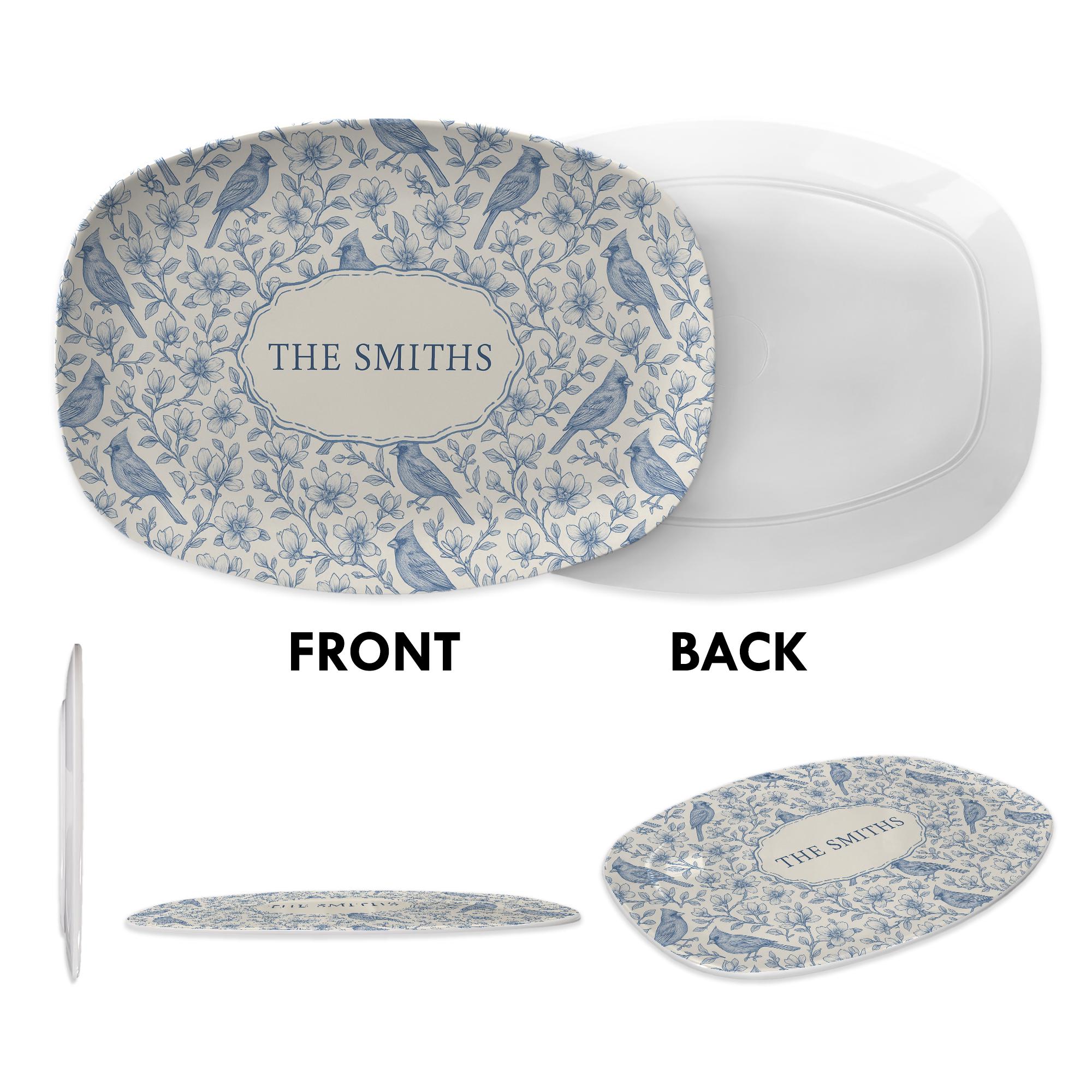 Custom Cardinal Magnolia Platter | Toile de Jouy style Family Name Plate | Personalized Bird Floral Dish | Elegant Cottagecore Home Gift