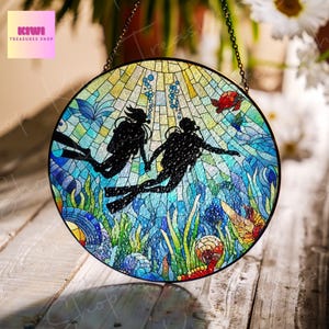 Scuba Diving Couple Glass Suncatcher: Ocean Coral Reef Ornament