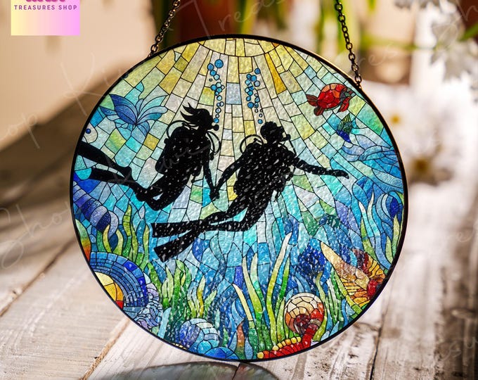 Scuba Diving Couple Glass Suncatcher: Ocean Coral Reef Ornament
