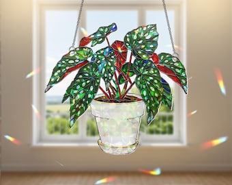 Puede incluir: Planta colgante de vidriera con hojas verdes, puntos blancos y detalles rojos. La planta está en una maceta blanca con borde dorado, suspendida por una cadena. El fondo incluye una ventana y luz solar.