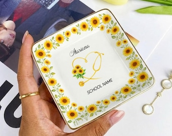 Custom Birth Month Flower Jewelry Tray, Nurse Graduation Personalized Name Ceramic Ring Holder