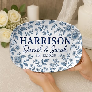 Custom Wedding Platter: Blue Floral Personalized Anniversary Decor