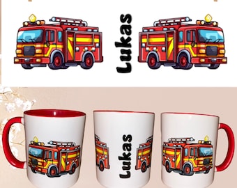 Individuelle Feuerwehr Tasse für Kinder: Personalisierbar für kleine Feuerwehrmänner Namenstasse  Name individuell Geschenk Junge rot Feuer