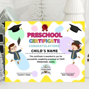 Editable Preschool Graduation Certificate, Preschool Diploma, Kindergarten Diploma, Kindergarten Certificate, Daycare Certificate