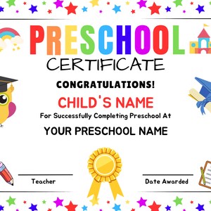 Editable Preschool Graduation Certificate, Printable Preschool Certificate, Preschool Diploma, Certificate of Completion