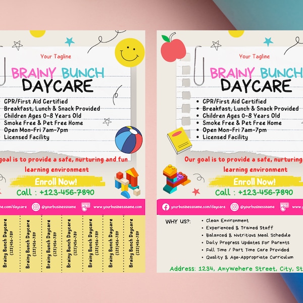 Daycare Flyer with Tear Off Tabs, Tear Off Daycare Flyer, Babysitting, Preschool Flyer, Editable Childcare Flyer, Tear Away Childcare Flyer