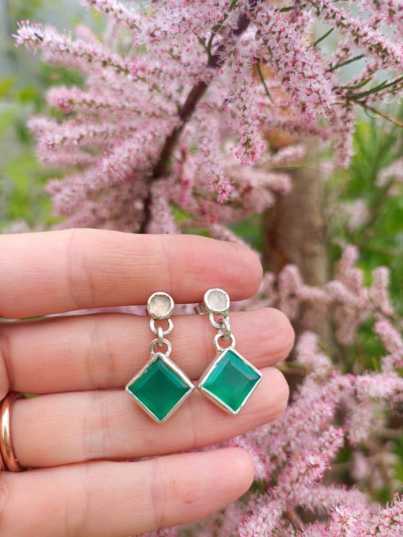 Pure Onyx Silver Earings With Square Green Onyx and Rose Quartz Etsy