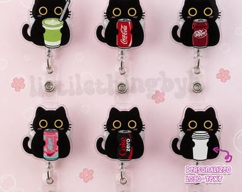 Cute Black Cat Drink Soda Badge Reel, Acrylic ID Holder for Nurses, Doctors, Teachers - Kawaii Kitten Badge Clip - Medical Student Gift