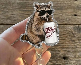 Racoon Dr Pepperr Diet Badge Reel, Retractable ID Holder, Caffeine Humor Clip