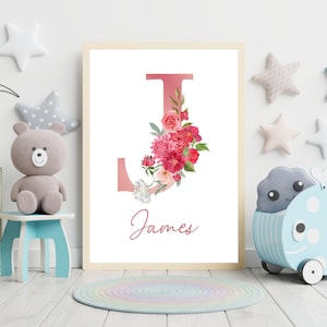 Floral Initial Name Letter Art Print PRINTED . Letter Name art print. Floral name personalized name initial printed art print