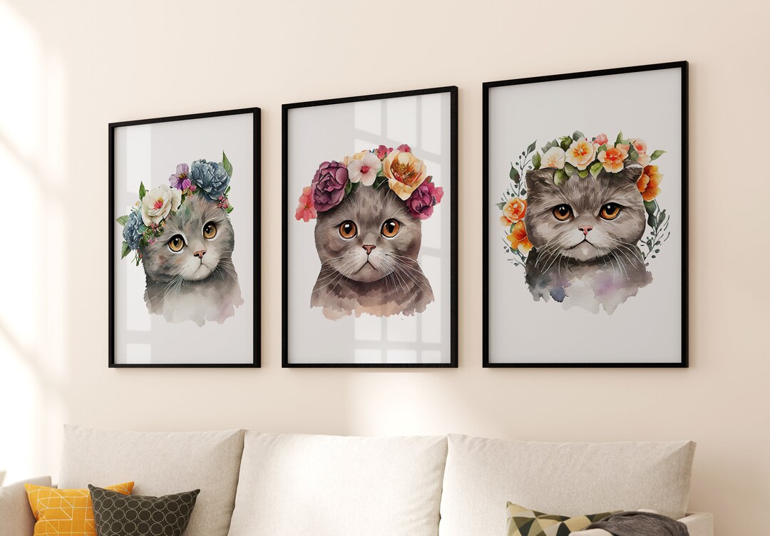 Kitten Wall Art, Set of 3 Prints, Kitten With Floral Crown, Digital ...