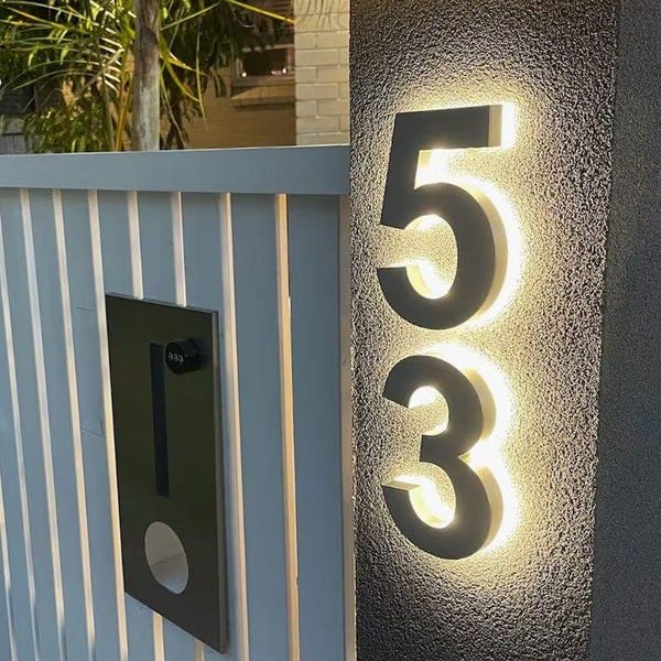 Modern House Numbers, Custom Address sign, Backlit Number Sign, House Name Sign, Halo lit sign, Outdoor sign, LED Metal Letters