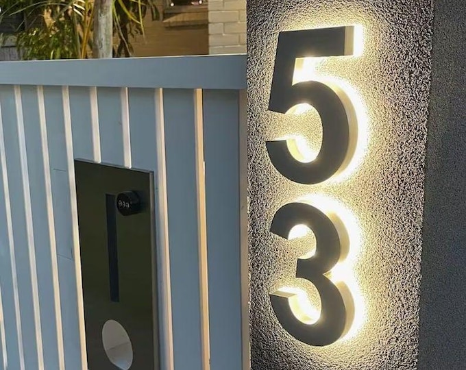 Modern House Numbers, Custom Address sign, Backlit Number Sign, House Name Sign, Halo lit sign, Outdoor sign, LED Metal Letters