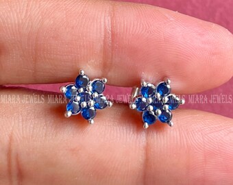 Blue Sapphire Flower Stud Earrings, Sterling Silver
