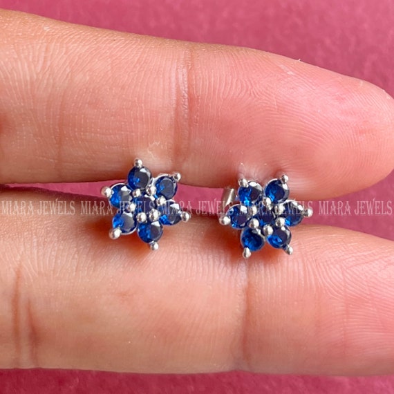 14k White Gold Over Round Cut Blue Sapphire Cluster Women's Stud  Earrings 925 Sterling Silver, Flower Stud Earring