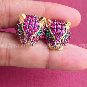 1 Ct Round Cut Pink Ruby & Green Emerald Eyes Panther Stud Earrings 14k Yellow Gold Over Push Back 925 Sterling Silver