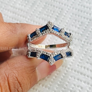 Enhancer Ring Guard 2Ct Baguette Cut Blue Sapphire Engagement Ring Women's Enhancer Guard Band 14k White Gold Over 925 Silver Sapphire Band
