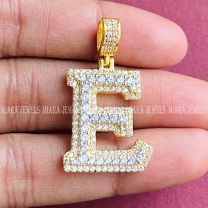 Colgante Inicial, 1.20 Ct Diamante Blanco Talla Redonda Letra E Colgante Inicial Oro Amarillo 14k Acabado Plata 925