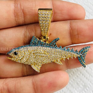 Colgante de oro amarillo de 14 quilates sobre atún rojo para hombre, colgante de 3,50 quilates con circonita cúbica redonda, colgante de racimo redondo sin cadena, plata 925