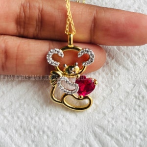 Pingente feminino lindo coração Teddy Love 2Ct coração cortado vermelho rubi Teddy pingente 18 "colar de corrente 925 prata 14k ouro amarelo sobre pingente de pelúcia