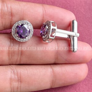Gemelos para hombre, 2,20 quilates con halo de amatista de corte redondo, gemelos para camisa para hombre, oro blanco de 14 k sobre plata de ley 925