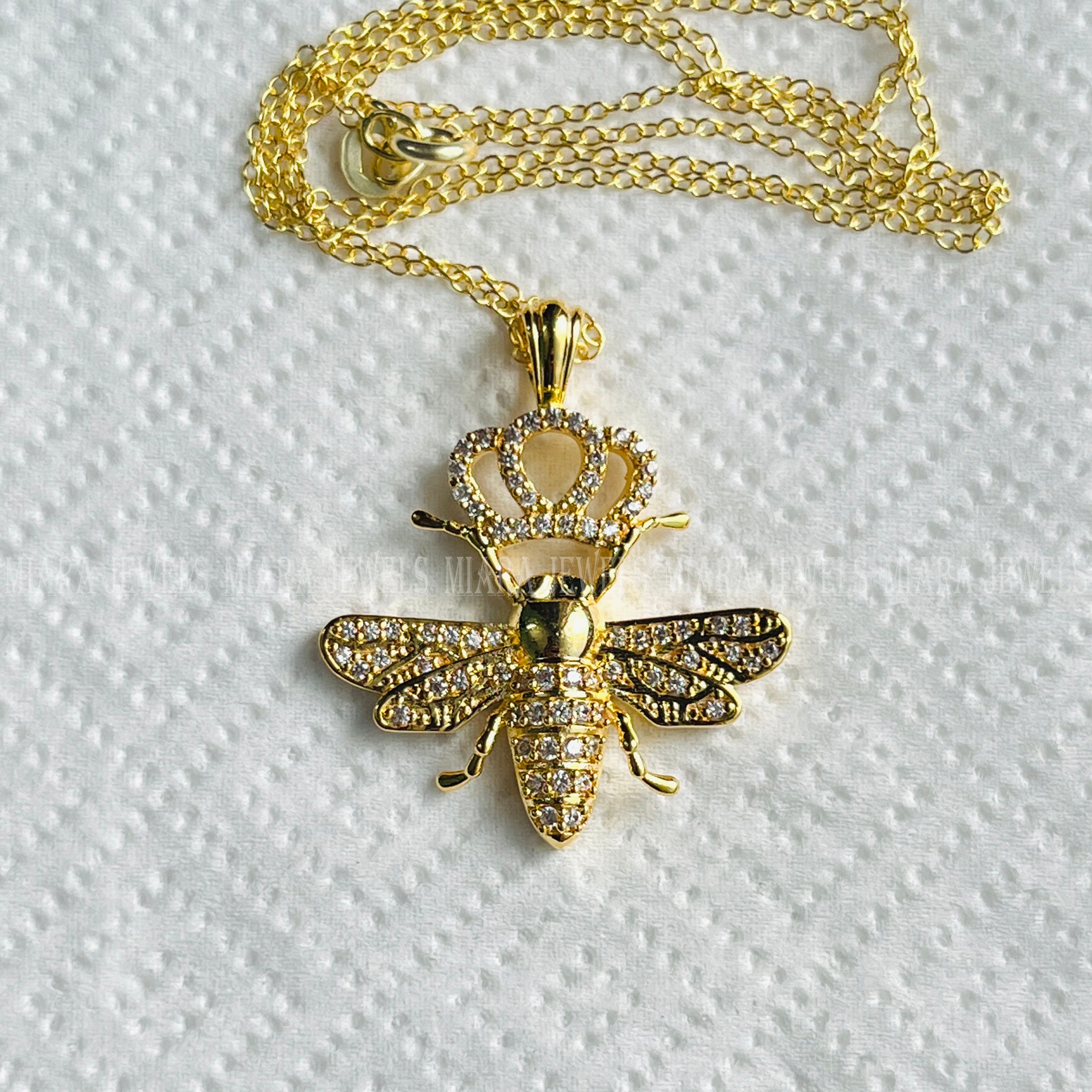 CZ Diamond Queen Bee Pendant Necklace, 14k Yellow Gold 