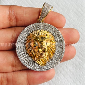 Pingente de leão sem corrente, 3 quilates de corte redondo CZ diamante rosto de leão pingente masculino cluster 14 k banhado a ouro amarelo prata esterlina 925