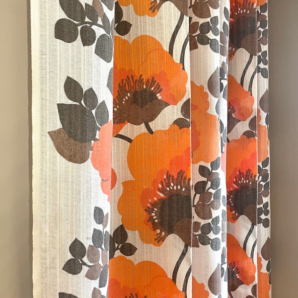 Scandinavian vintage curtains, 60s Retro curtains, Net fabric, Orange floral pattern, Swedish 1960s mid century window curtains, mcm Sweden