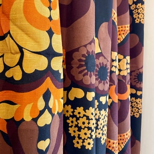Shorter 1970s Scandinavian orange, yellow floral vintage curtains in Swedish fabric. Retro curtain panels from the 70s. Mid century, mcm.