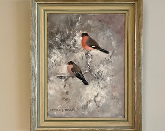 1960s Vintage Original Swedish Oil Painting, Framed Bullfinches Wall Art, Modernist retro Artwork, Sweden Art, Mid Century Modern, mcm, 60s.