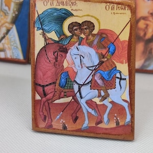 Saints Demetrius & George – Warrior Saints Icon Magnet, Byzantine Style, Handmade Christian Art, 3.15&quot;x2.36&quot;