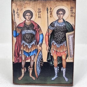 Icon of Saint George and Saint Demetrius – Handmade Orthodox Christian Art 8x6 (3.14in x 2.36in)