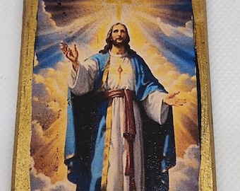 Vintage Wooden Icon of Jesus Christ | Handmade Christian Religious Art | 7x5cm