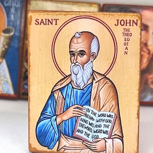 Icône Saint Jean le Théologien - Aimant en bois Apôtre et évangéliste 8 x 6 cm - Style byzantin orthodoxe