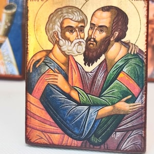 Saints Peter and Paul Orthodox Icon Magnet – Byzantine Mini Icon, Handmade Wooden Gift, 3.15&quot;x2.36&quot;