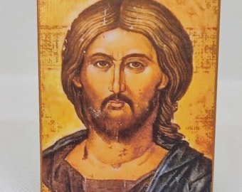 Antique Byzantine Jesus Christ Icon: Handmade Wooden Orthodox Art