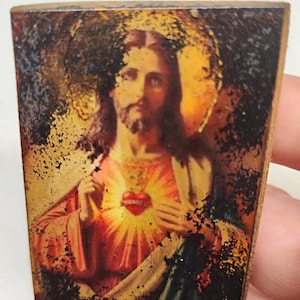 Vintage Sacred Heart of Jesus Icon | Aged Wooden Christian Icon 7x5cm | Unique Religious Collectible